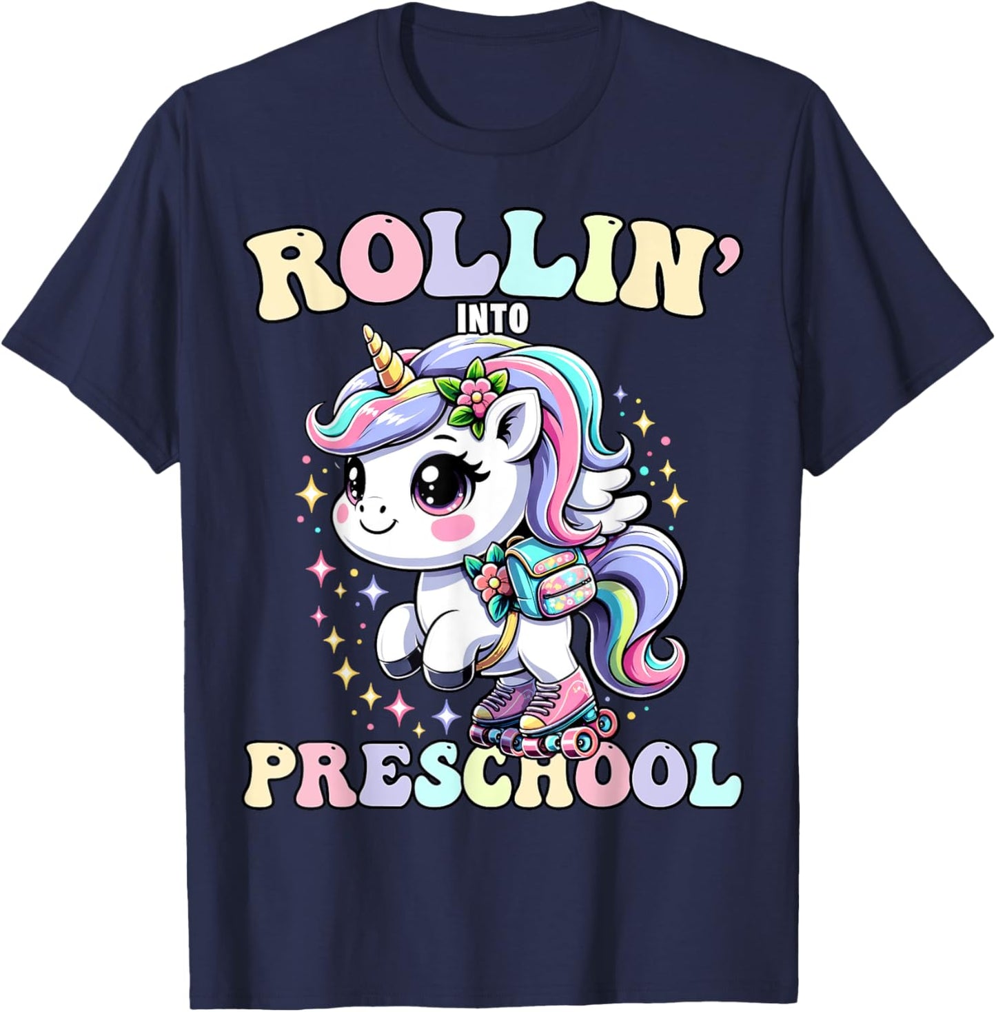 Preschool Back To School First Day Girls PreK Rollin Unicorn T-Shirt - T-Shirt | Navy