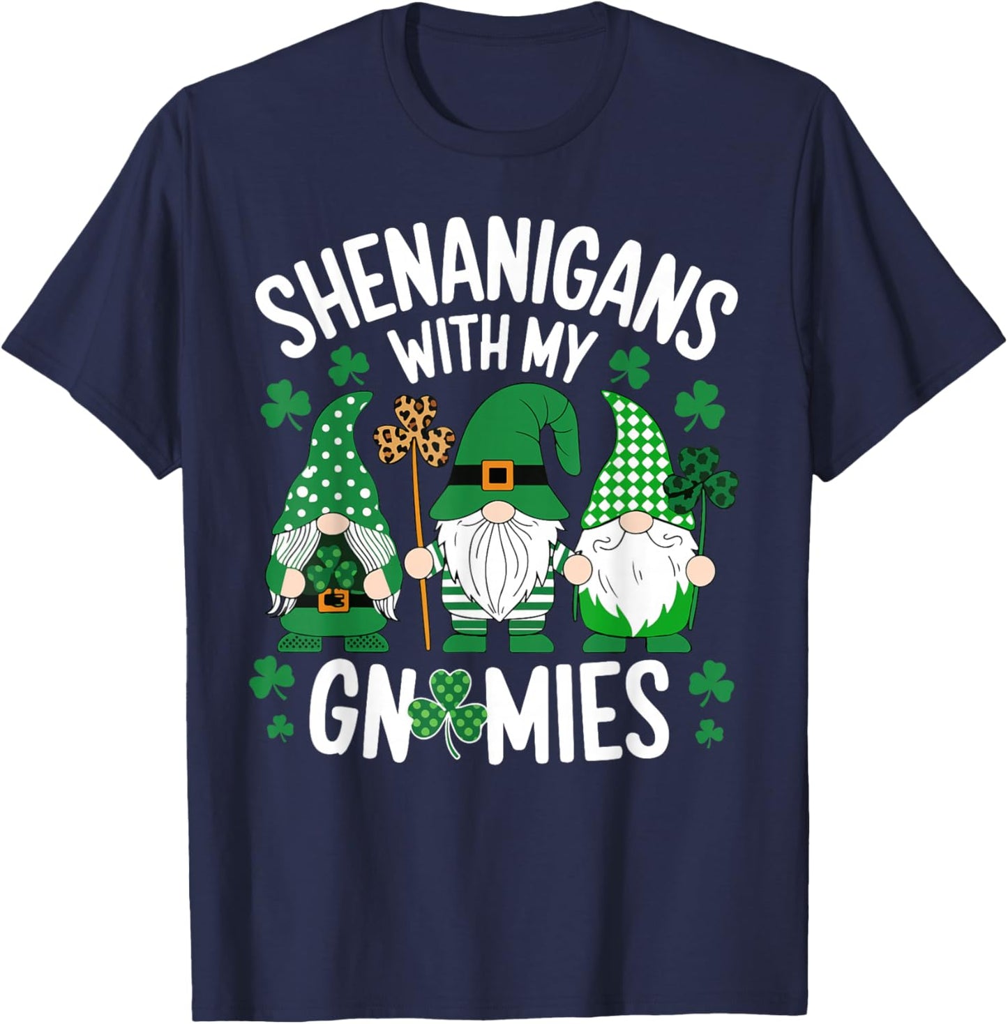 St Patricks Day Lucky Shamrock Leopard Gnomes Irish Women T-Shirt - T-Shirt | Navy