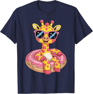Cute Giraffe On Vacation Graphic Summer For Kids Girl T-Shirt - T-Shirt | Navy