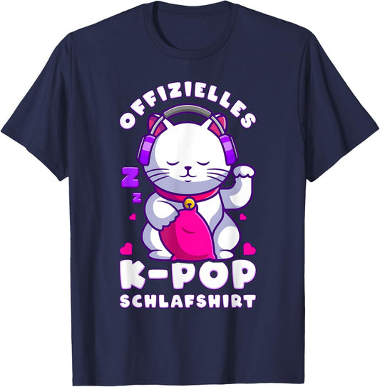 K-Pop Schlafshirt, Koreanische Musik, Katze K-Pop T-Shirt - T-Shirt | Navy