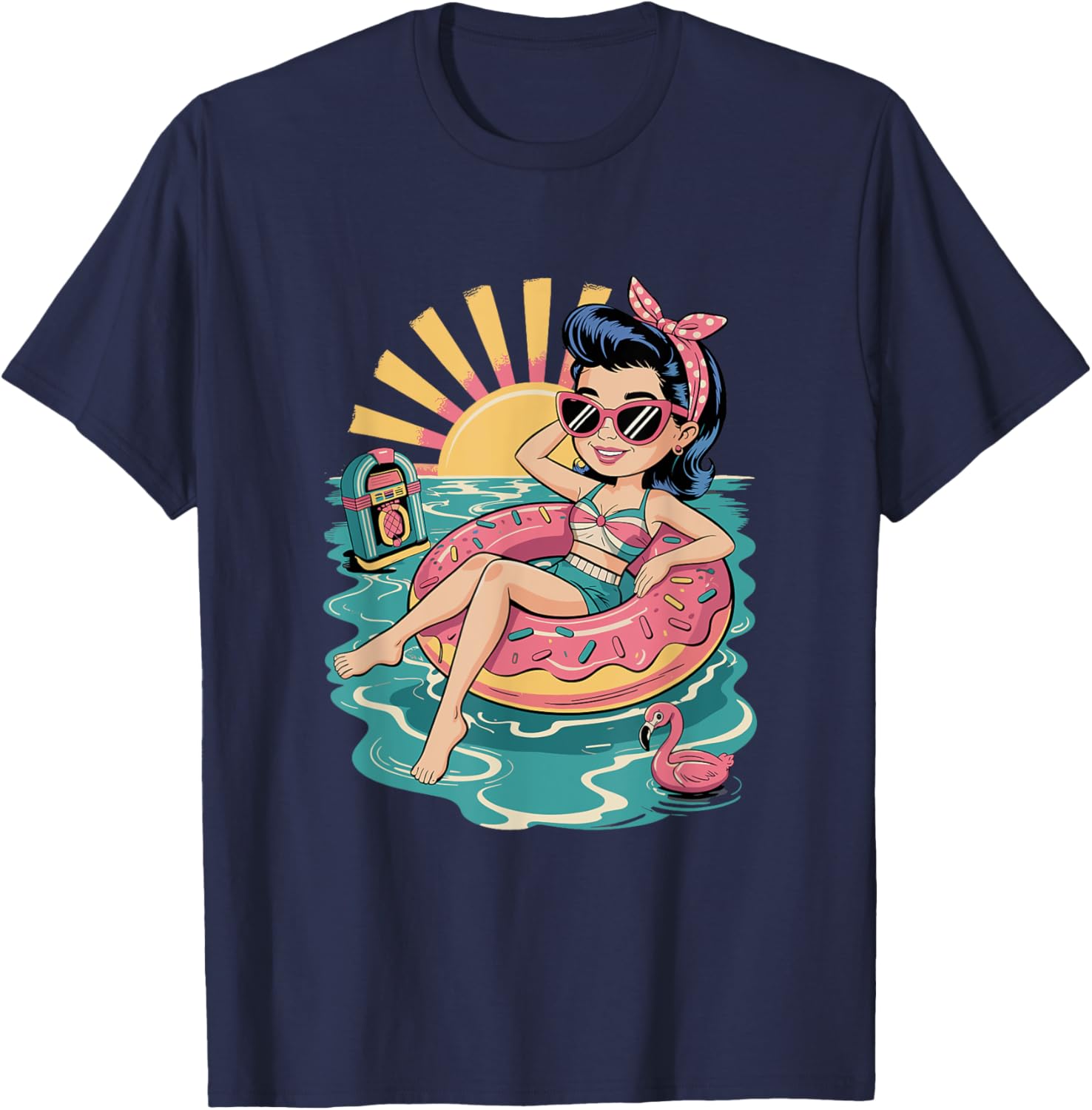Funny Beach Summer Retro Rockabilly Pin Up Girl T-Shirt - T-Shirt | Navy