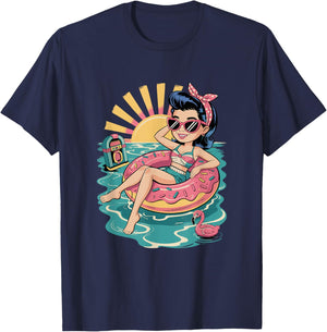 Funny Beach Summer Retro Rockabilly Pin Up Girl T-Shirt - T-Shirt | Navy