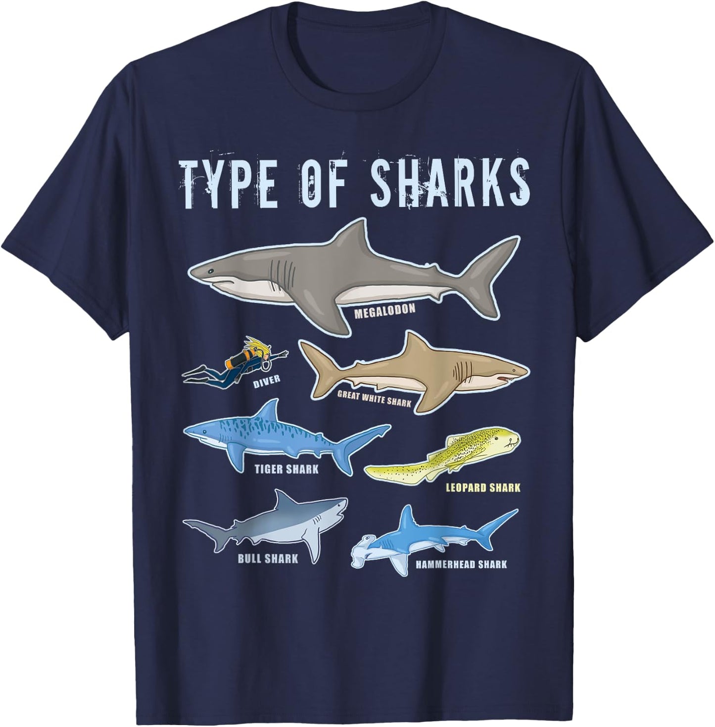 Scuba Shark Gifts HT Type of Sharks 6 Sharks Sea Creatures Cute Shark T-Shirt - T-Shirt | Navy