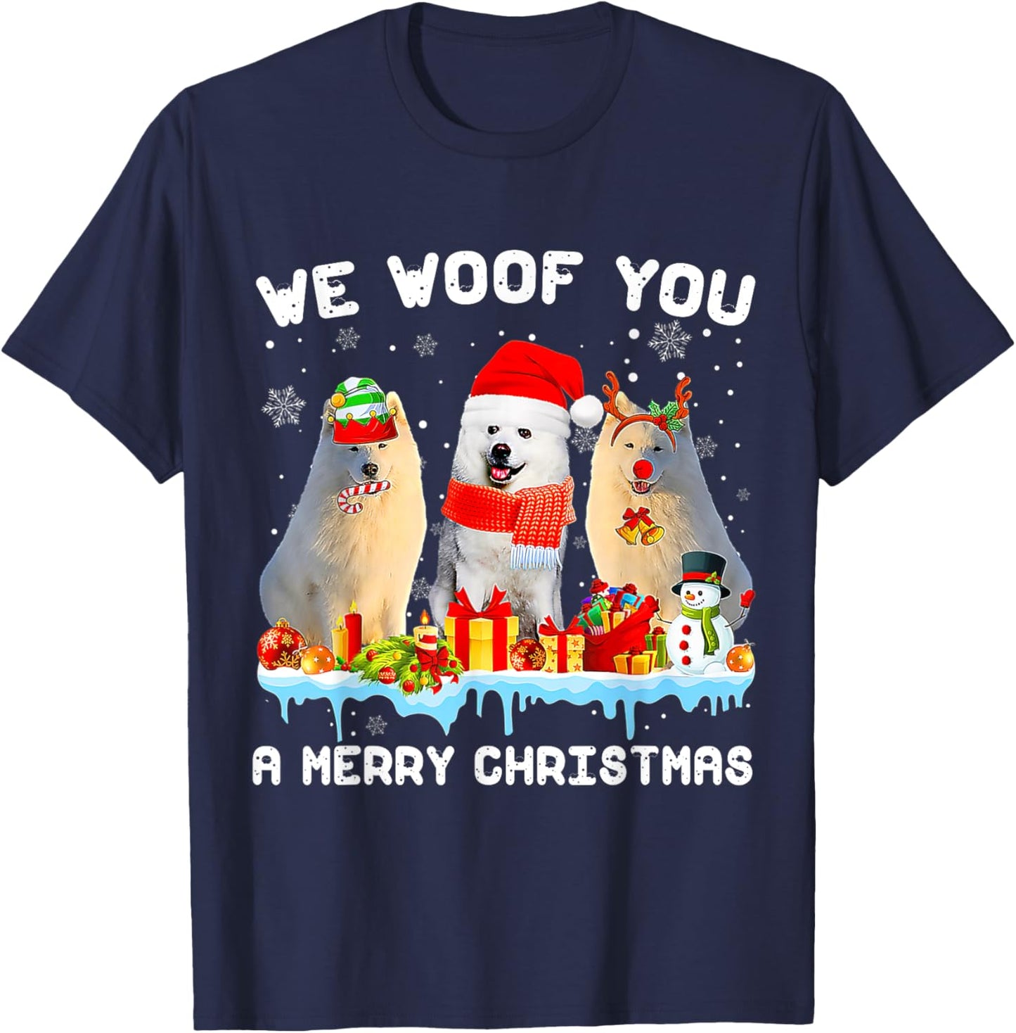 Funny Merry Woofmas American Eskimo Christmas Ornaments T-Shirt - T-Shirt | Navy