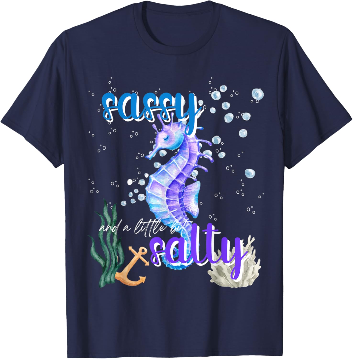 Purple Sea Horse Sassy & Salty Attitude Sweet Southern Prep T-Shirt - T-Shirt | Navy