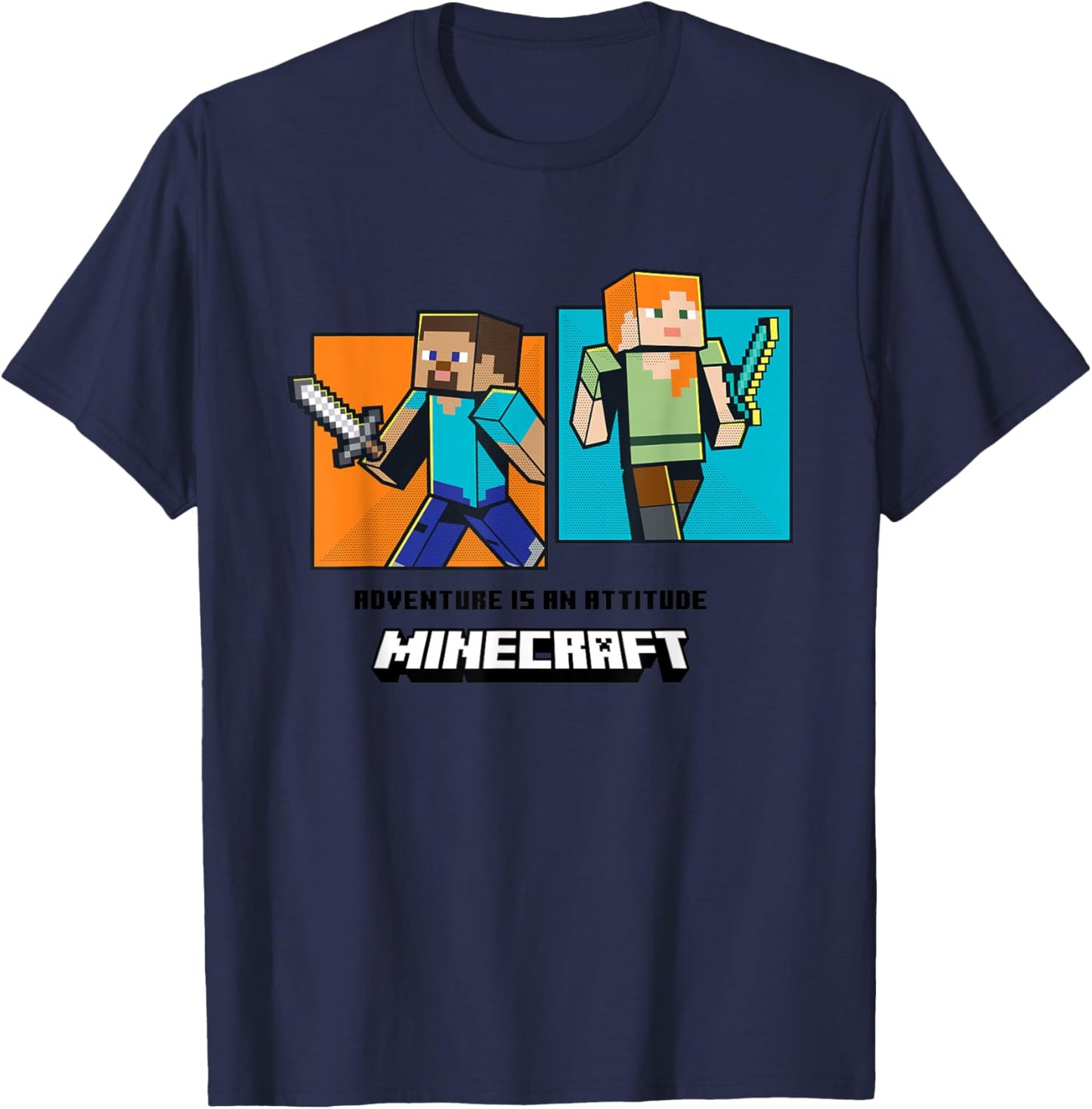 Minecraft Steve And Alex Pixel Hero Panels T-Shirt - T-Shirt | Navy