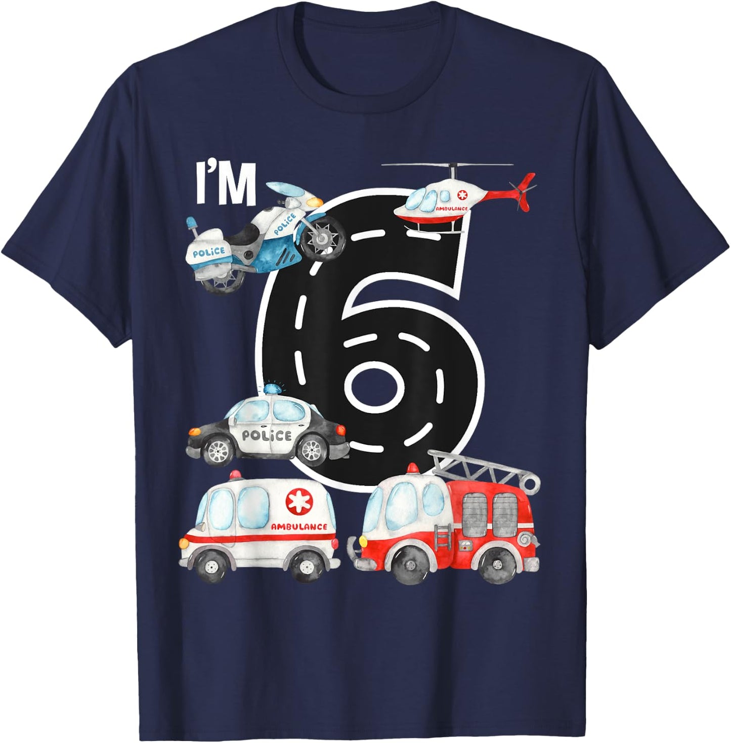 Emergency Vehicles 6th Birthday Fire Truck Police Car Boys T-Shirt - T-Shirt | Navy