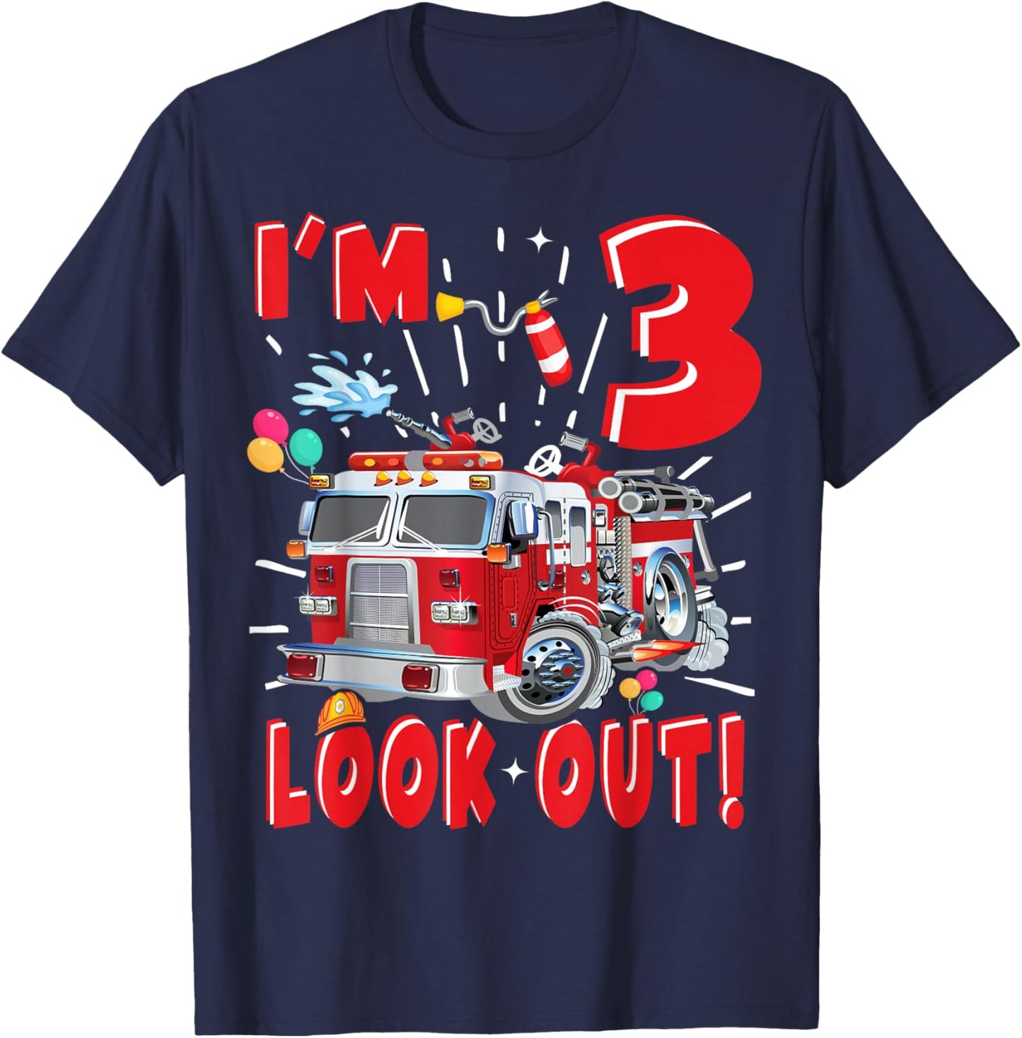 Three 3rd Birthday Fire Truck Boy 3 Year Old Firefighter T-Shirt - T-Shirt | Navy