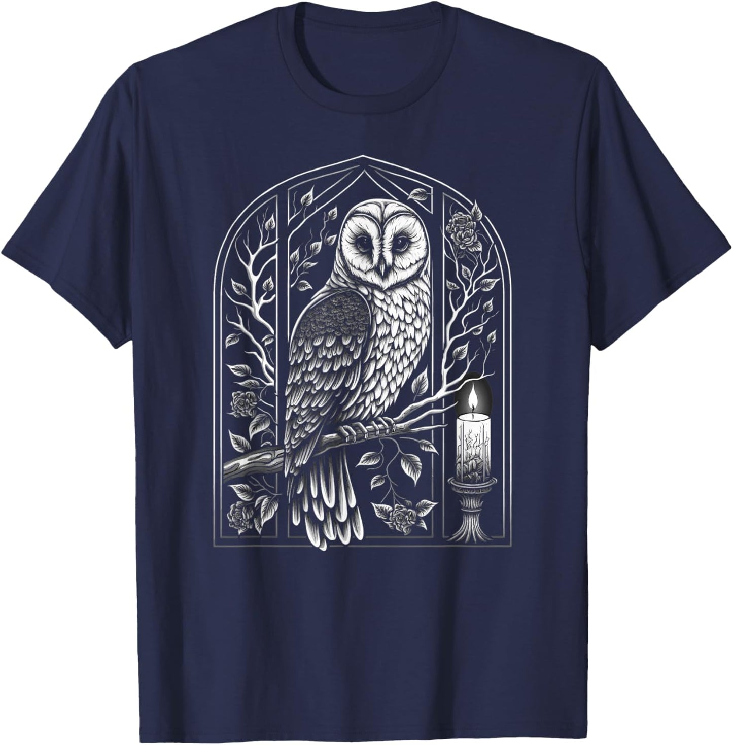 Wiccan Witch Owl With Candle Illustration, Version 1 of 6 T-Shirt - T-Shirt | Navy