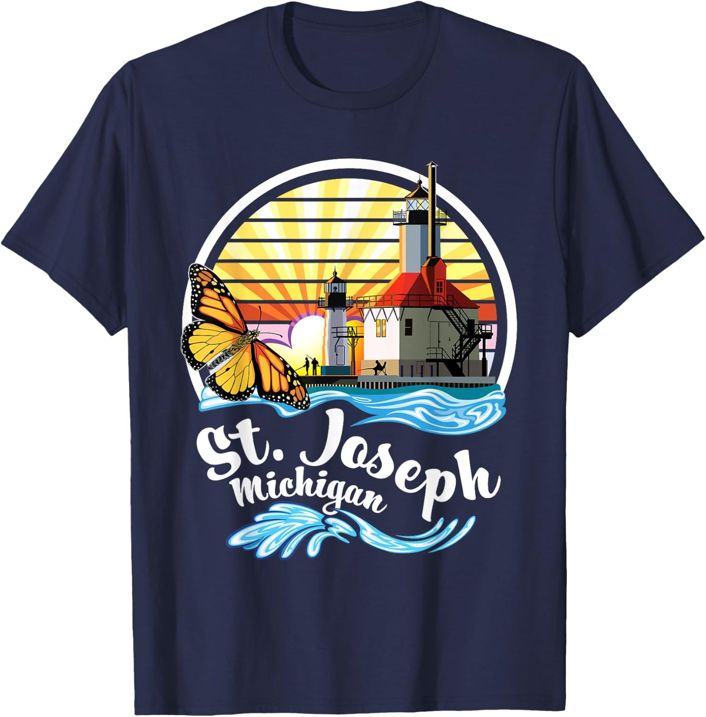 St. Joseph MI Lighthouses & Butterfly at Silver Beach Design T-Shirt - T-Shirt | Navy