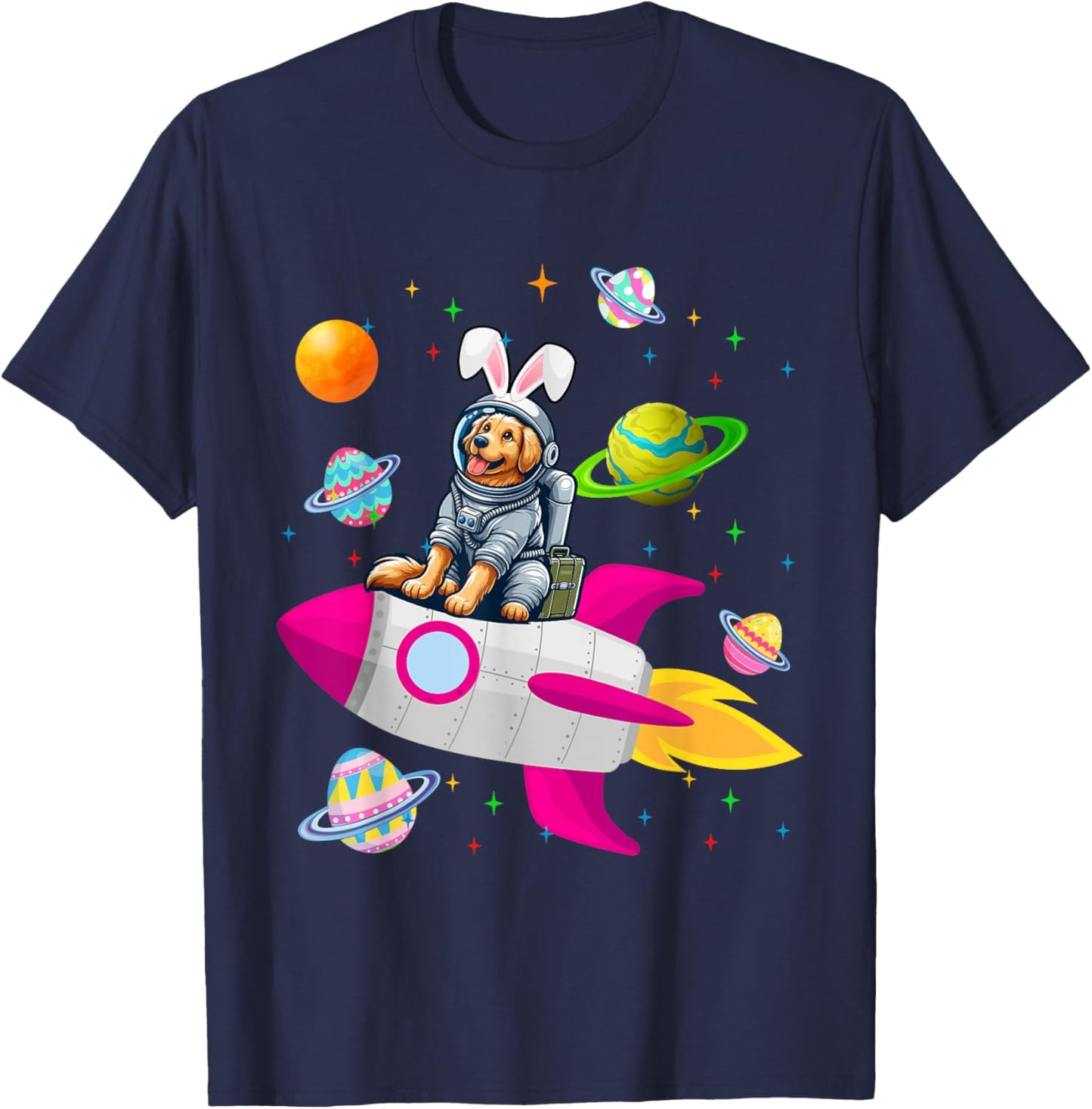 Bunny Golden Retriever In Space Planets Easter Dog Owner Women Kids T-Shirt - T-Shirt | Navy