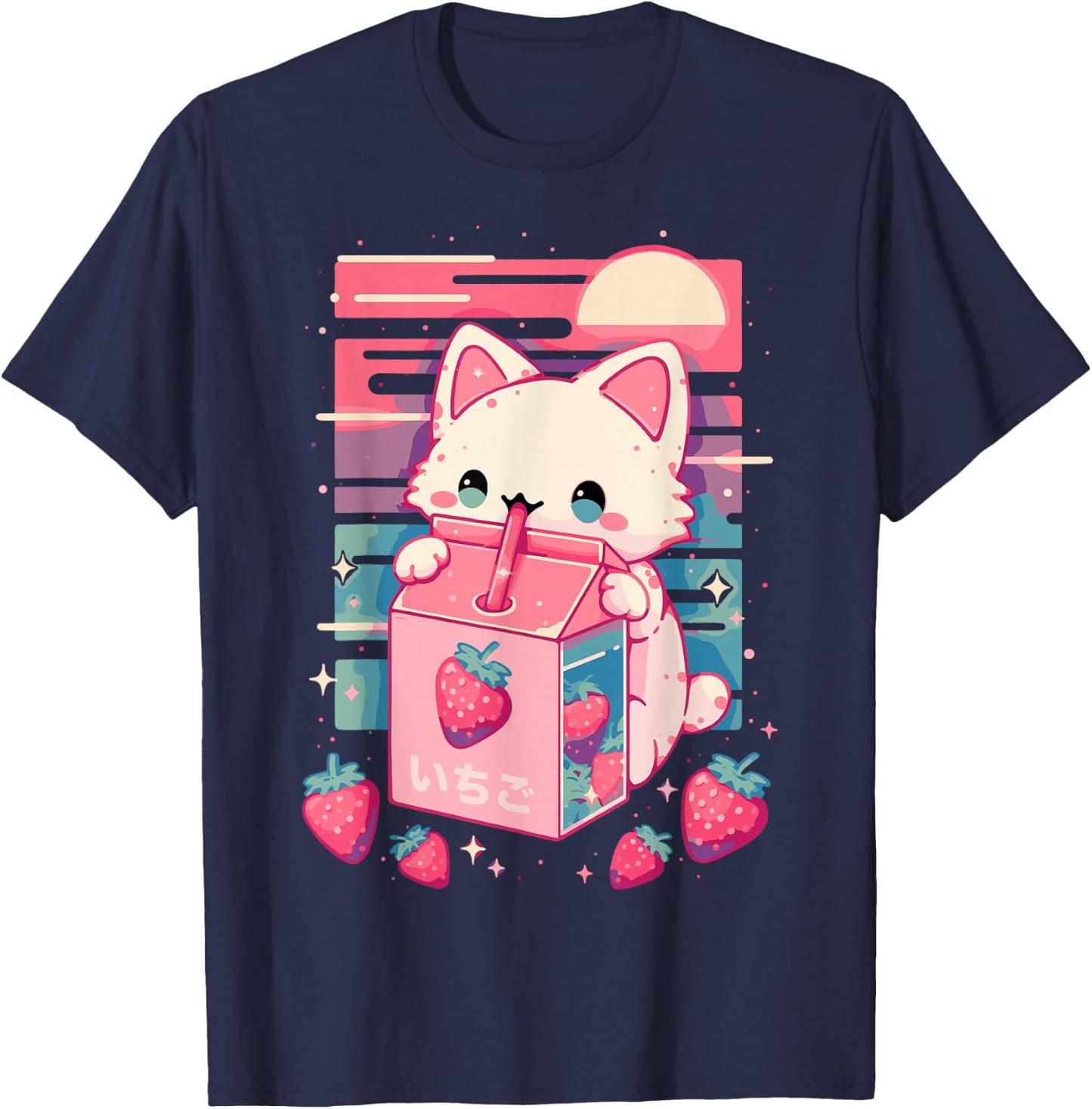 Cat Strawberry Milk Anime 90s Japanese Cat Japan T-Shirt - T-Shirt | Navy