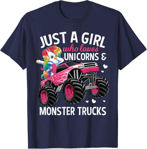 Just A Girl Who Loves Unicorns And Monster Trucks Girls Kids T-Shirt - T-Shirt | Navy