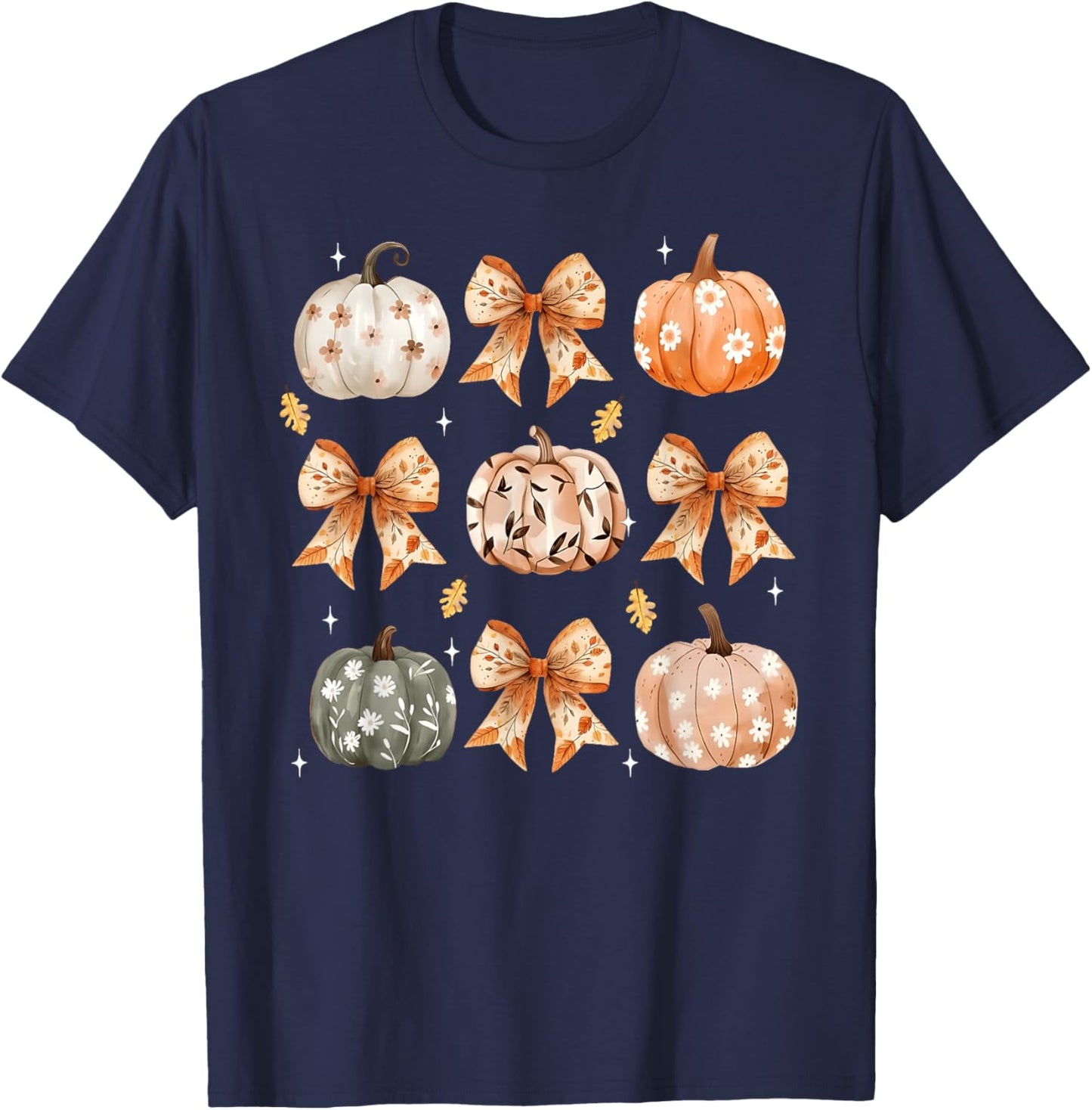 Coquette Bow Floral Pumpkin Thanksgiving Rustic Fall Women T-Shirt - T-Shirt | Navy