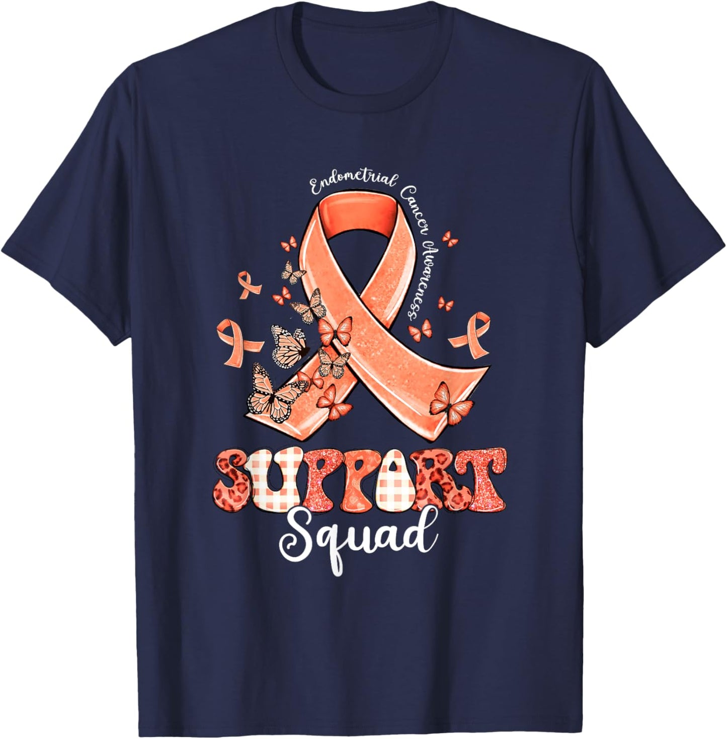 Support Squad Peach Ribbon Butterfly Endometrial Cancer T-Shirt - T-Shirt | Navy