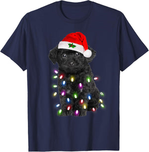 Black Poodle dog Santa Christmas Tree Lights Xmas Boys Dog T-Shirt - T-Shirt | Navy