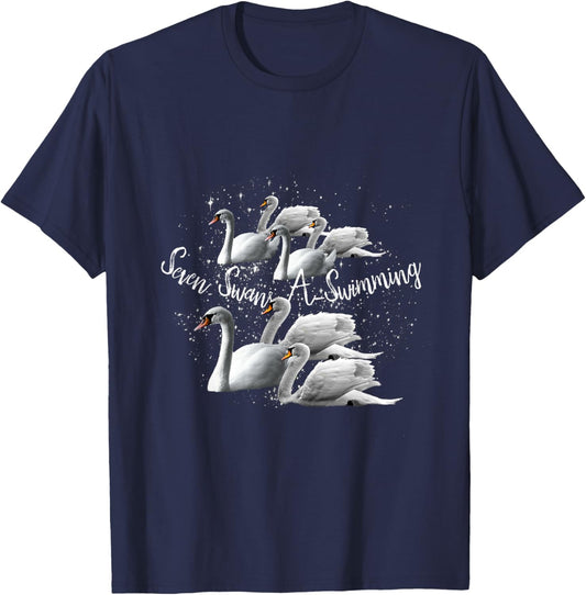 Seven Swans A Swimming, 12 Twelve Days Christmas, 7 Swan T-Shirt - T-Shirt | Navy