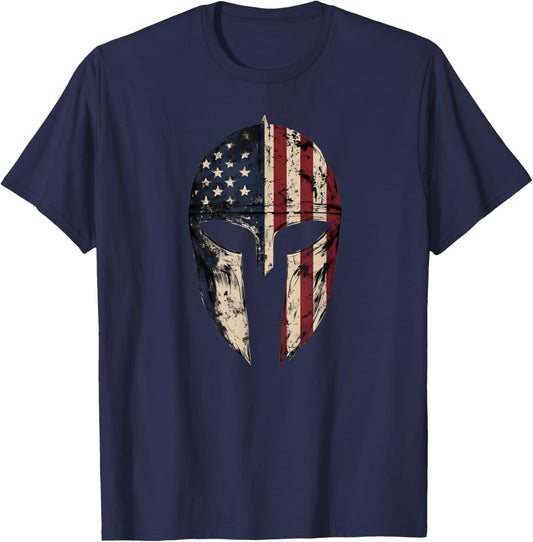 Patriotic American Spartan Warrior Men Women USA Flag Helmet T-Shirt - T-Shirt | Navy