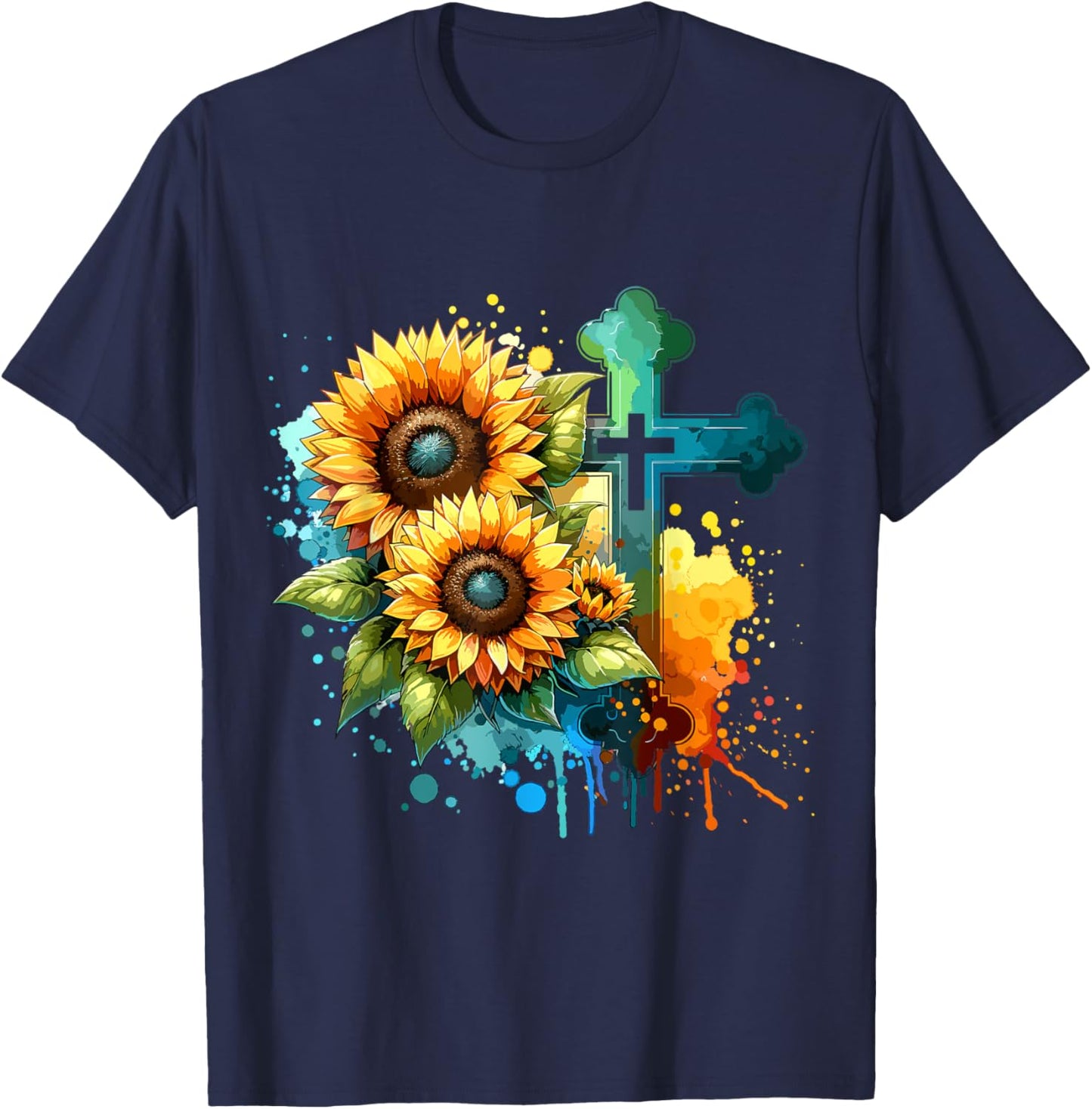 Christian Cross and Sunflowers T-Shirt - T-Shirt | Navy