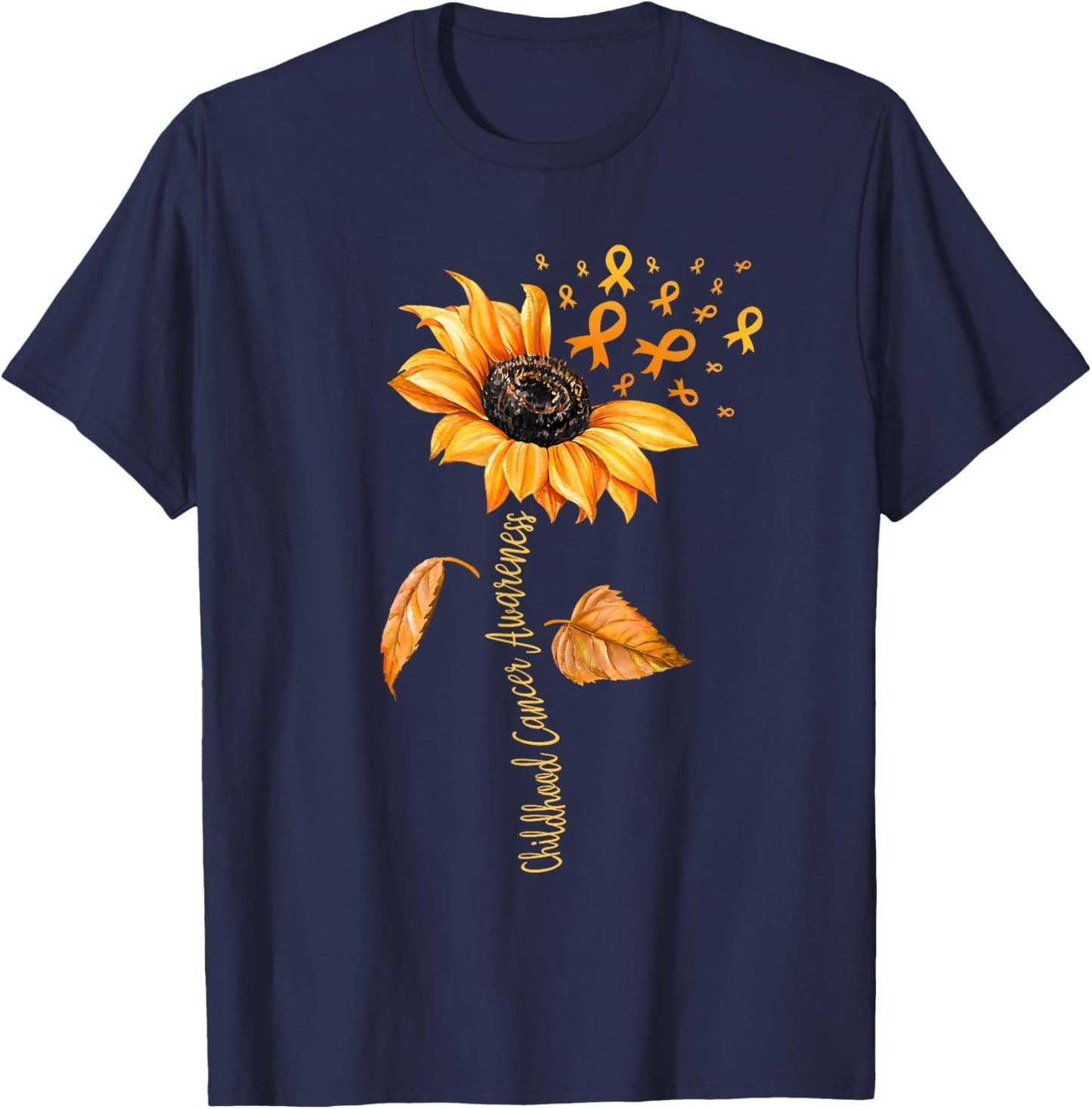 Support Childhood Cancer Awareness Sunflower Gold Ribbon T-Shirt - T-Shirt | Navy