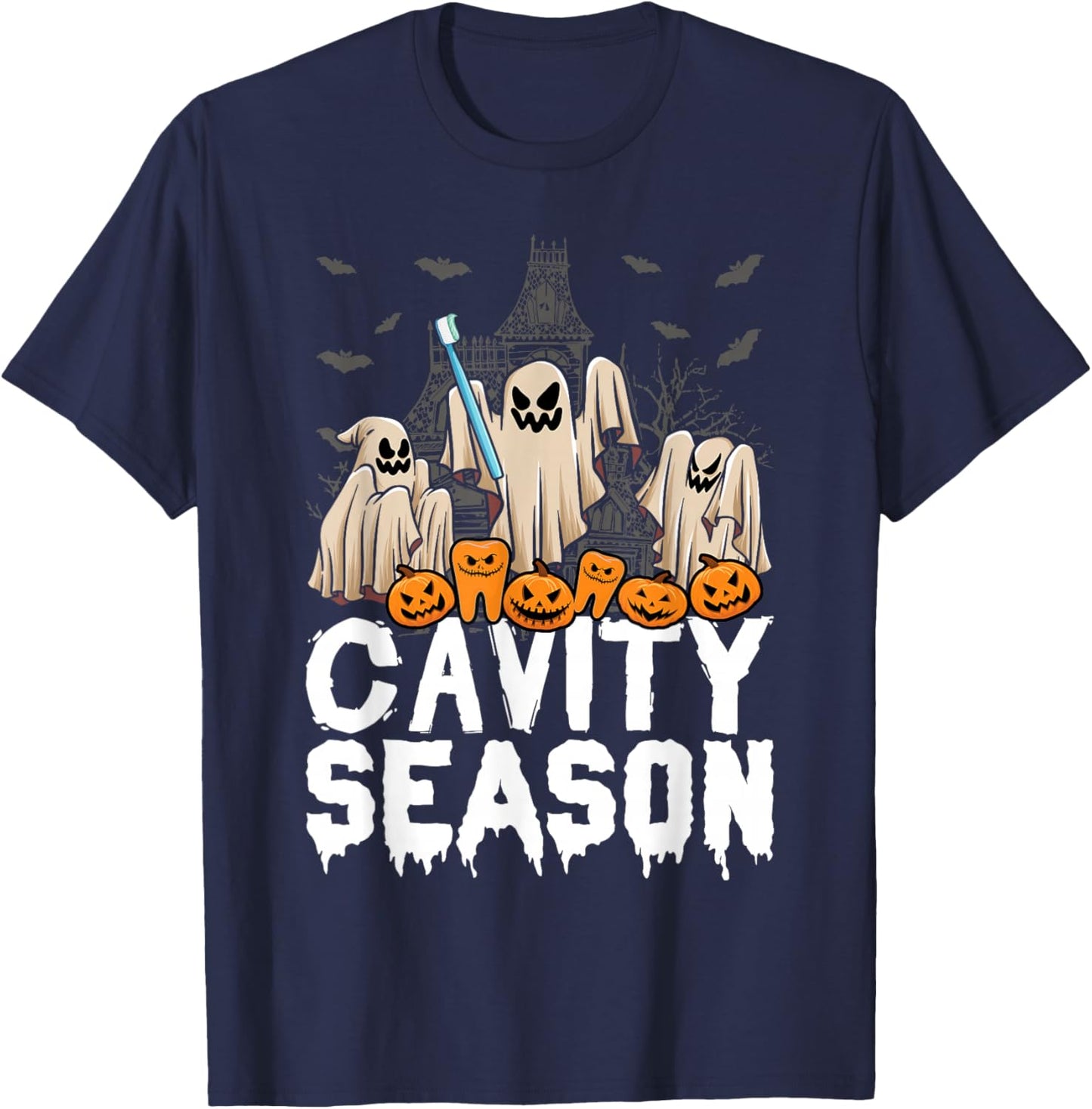 Cavity Season Halloween Funny Dental Ghosts And Toothbrush T-Shirt - T-Shirt | Navy