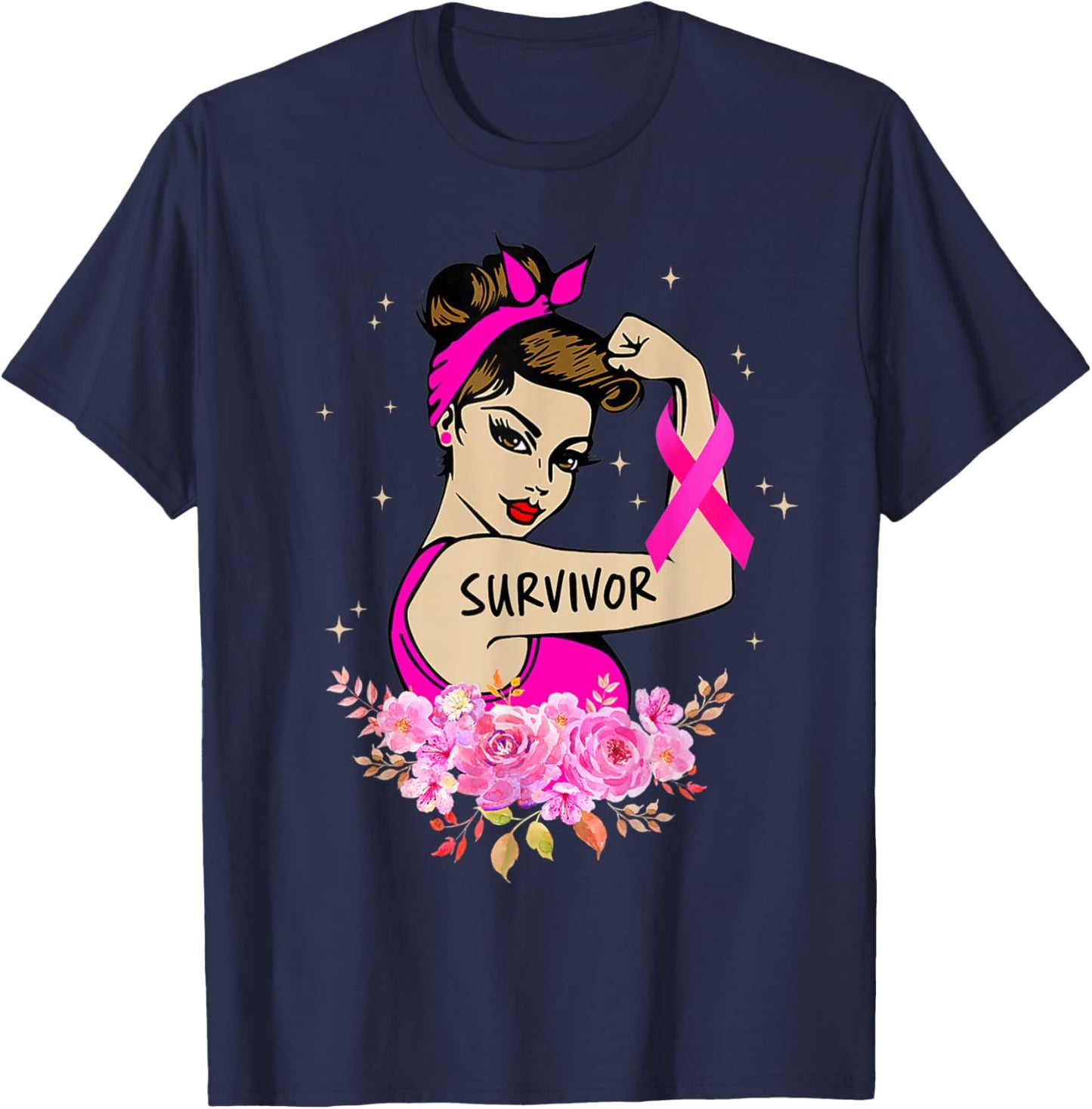 Breast Cancer Survivor Rosie Riveter Pink Awareness Women T-Shirt - T-Shirt | Navy