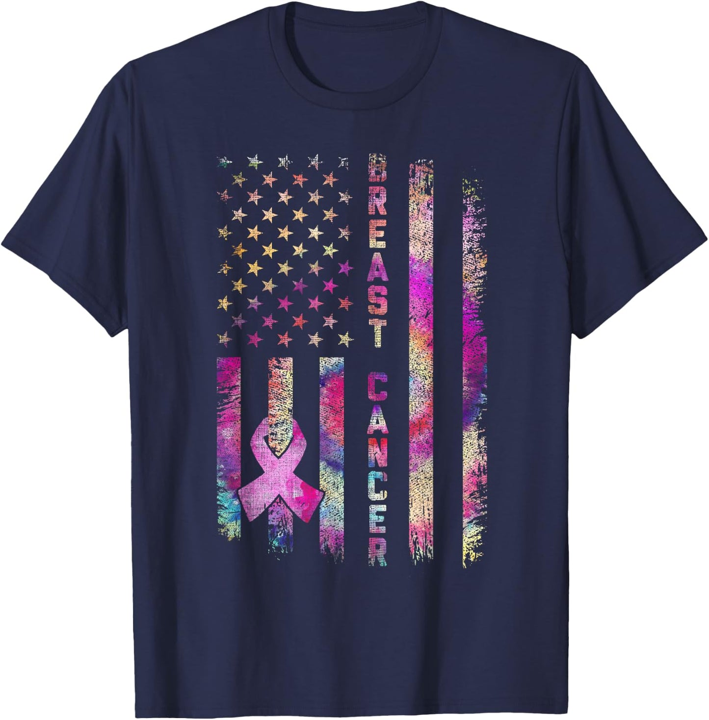 American Flag Breast Cancer Awareness Support Tie Dye T-Shirt - T-Shirt | Navy