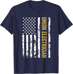 Union Electrician USA American Flag Pro Union Workers Rights T-Shirt - T-Shirt | Navy