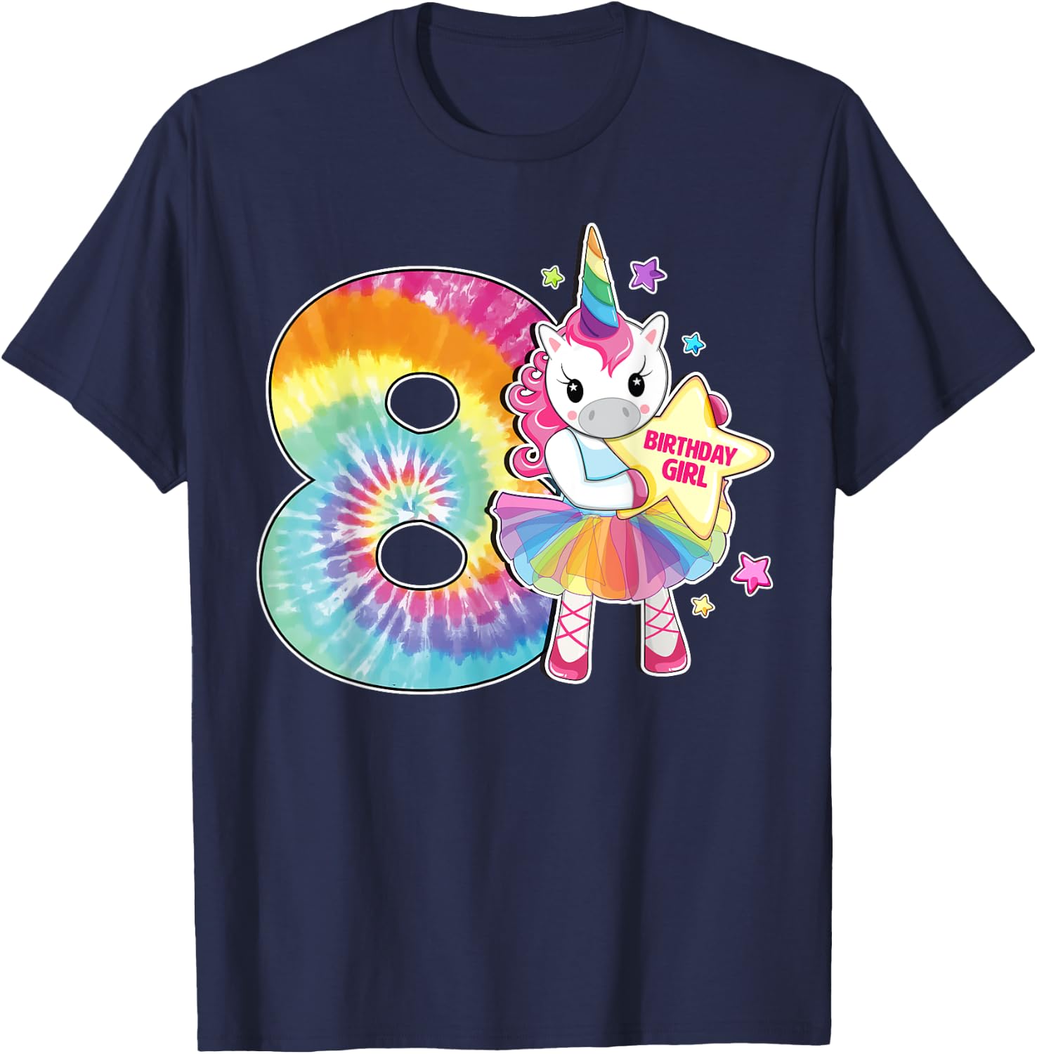 8th Birthday Unicorn Shirt Gift Girls Age 8 Tie Dye T-Shirt - T-Shirt | Navy