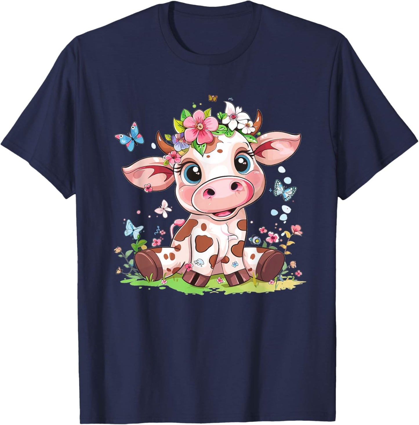 Cute Cow with Flowers I Kids Cow T-Shirt - T-Shirt | Navy