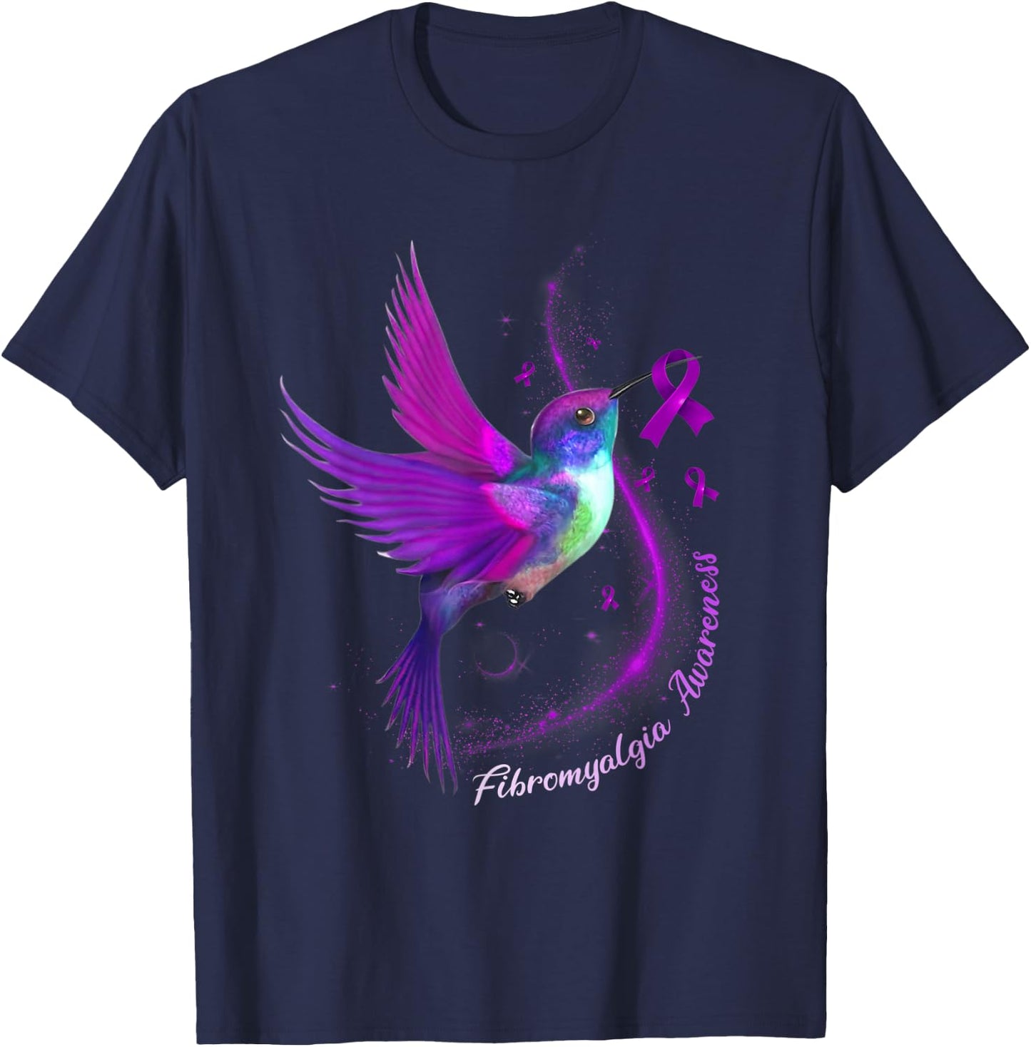 Purple Ribbon Hummingbird Fibromyalgia Awareness Month T-Shirt - T-Shirt | Navy