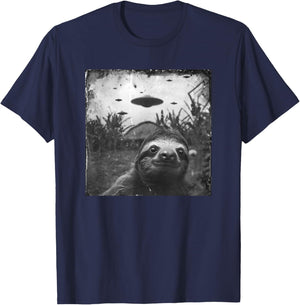 Sloth Selfie UFO Invasion Alien Spaceships Sloth Photo T-Shirt - T-Shirt | Navy