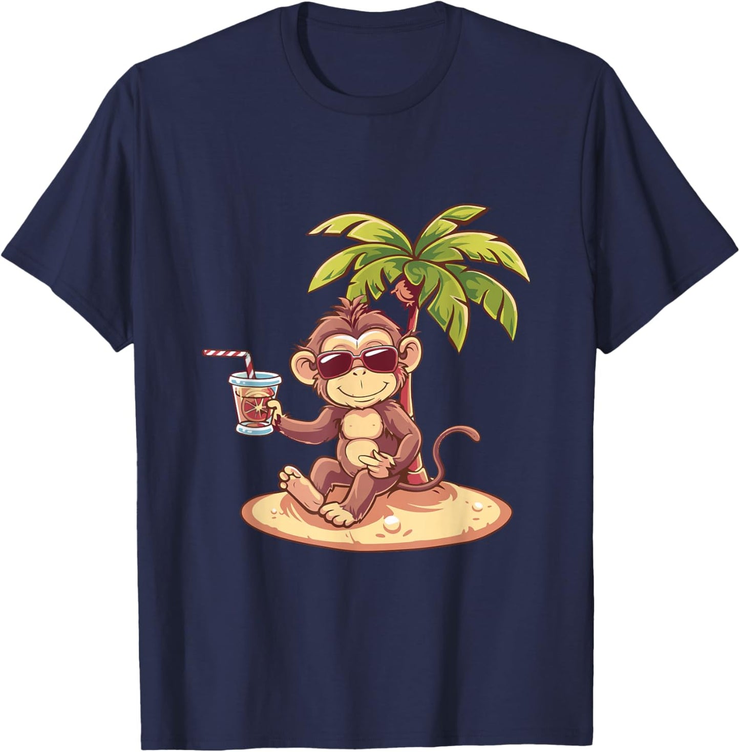Cute Monkey On Beach | Vacation Travel Summer T-Shirt - T-Shirt | Navy