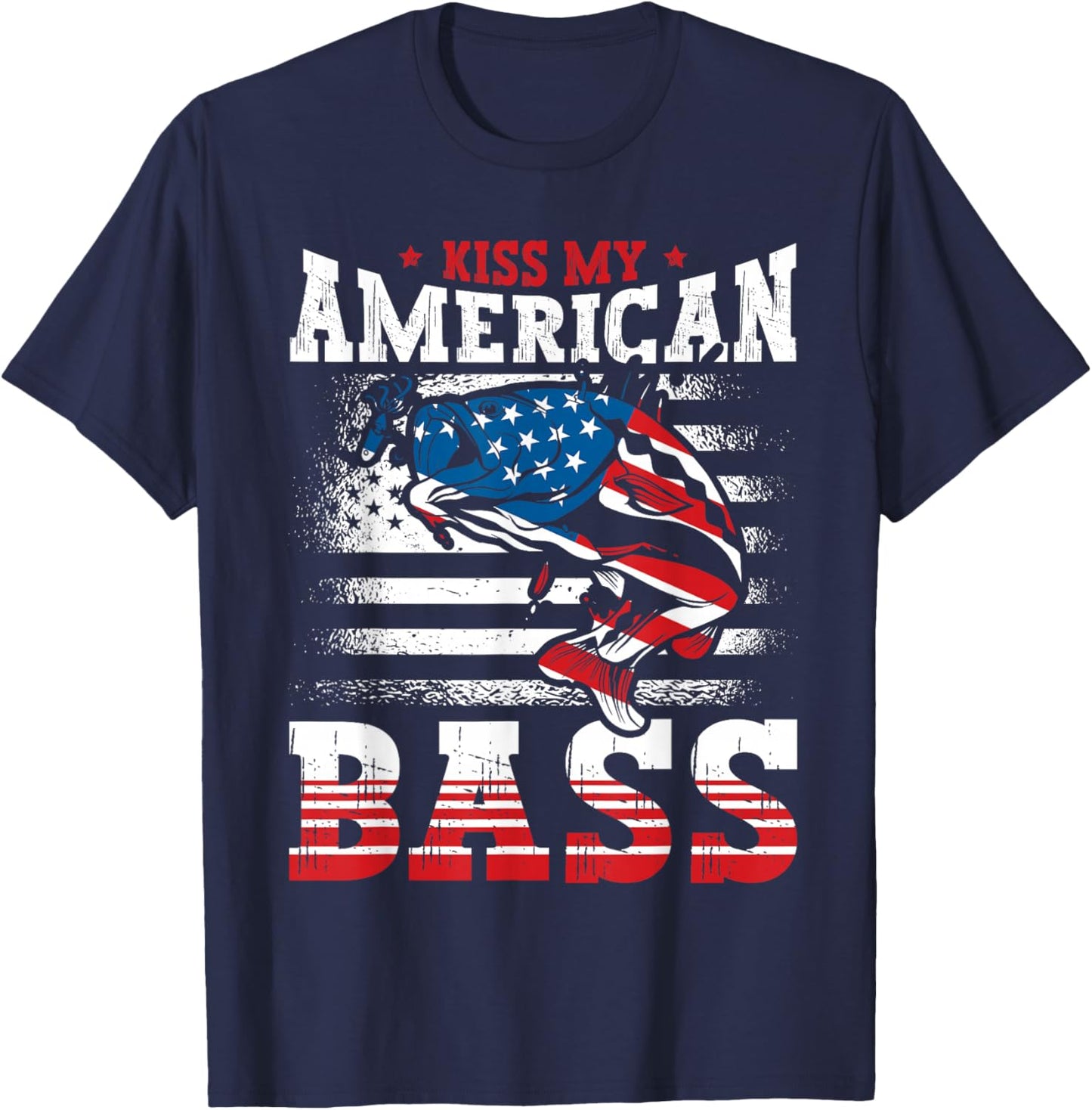 Kiss My American Bass Fishing USA Flag 4th of July Patriotic T-Shirt - T-Shirt | Navy