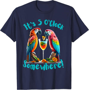 It's 5 O'Clock Somewhere Parrots drinking Cocktails funny T-Shirt - T-Shirt | Navy