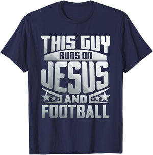 This Guy Runs On Jesus And Football T-Shirt - T-Shirt | Navy