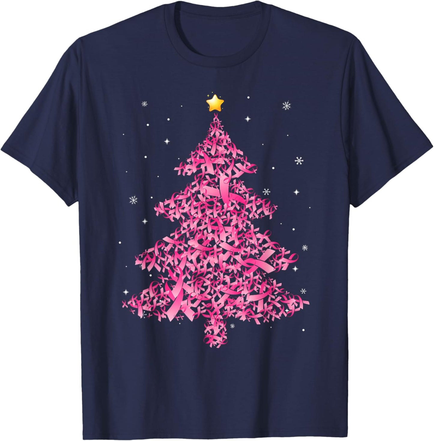 Breast Cancer Christmas Santa Hat Pink Ribbon Xmas Tree T-Shirt - T-Shirt | Navy