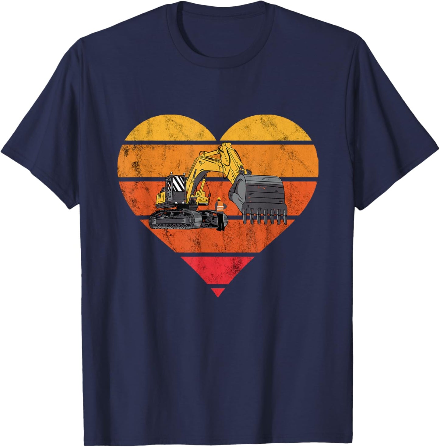 Excavator Vintage Heart Construction Vehicle Backhoe Digging T-Shirt - T-Shirt | Navy