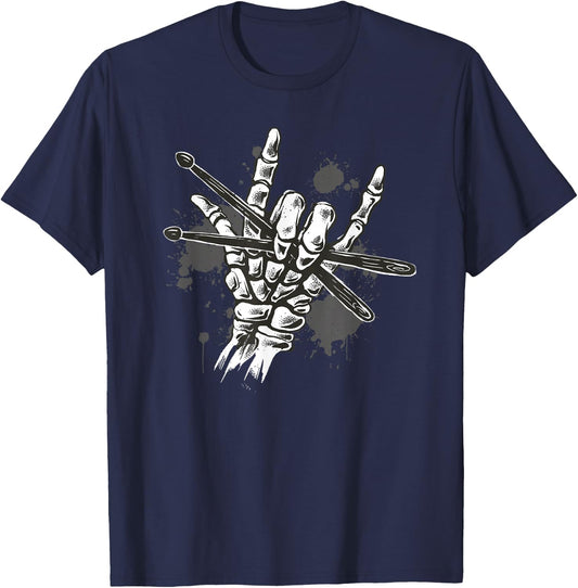 Skeleton Rock Hand Drumming Cool Skeleton Drummer Drumsticks T-Shirt - T-Shirt | Navy