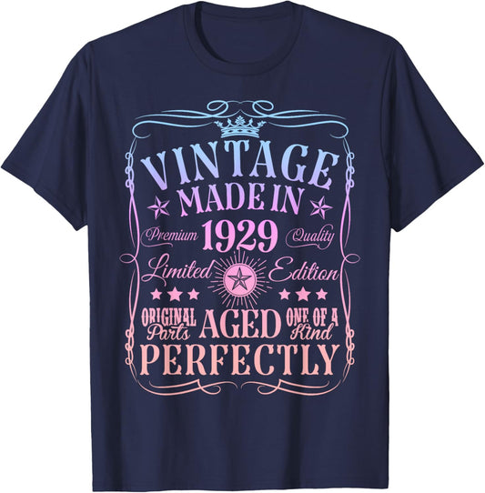 Vintage 96th Birthday Decorations Vintage 1929 96 Years Old T-Shirt - T-Shirt | Navy
