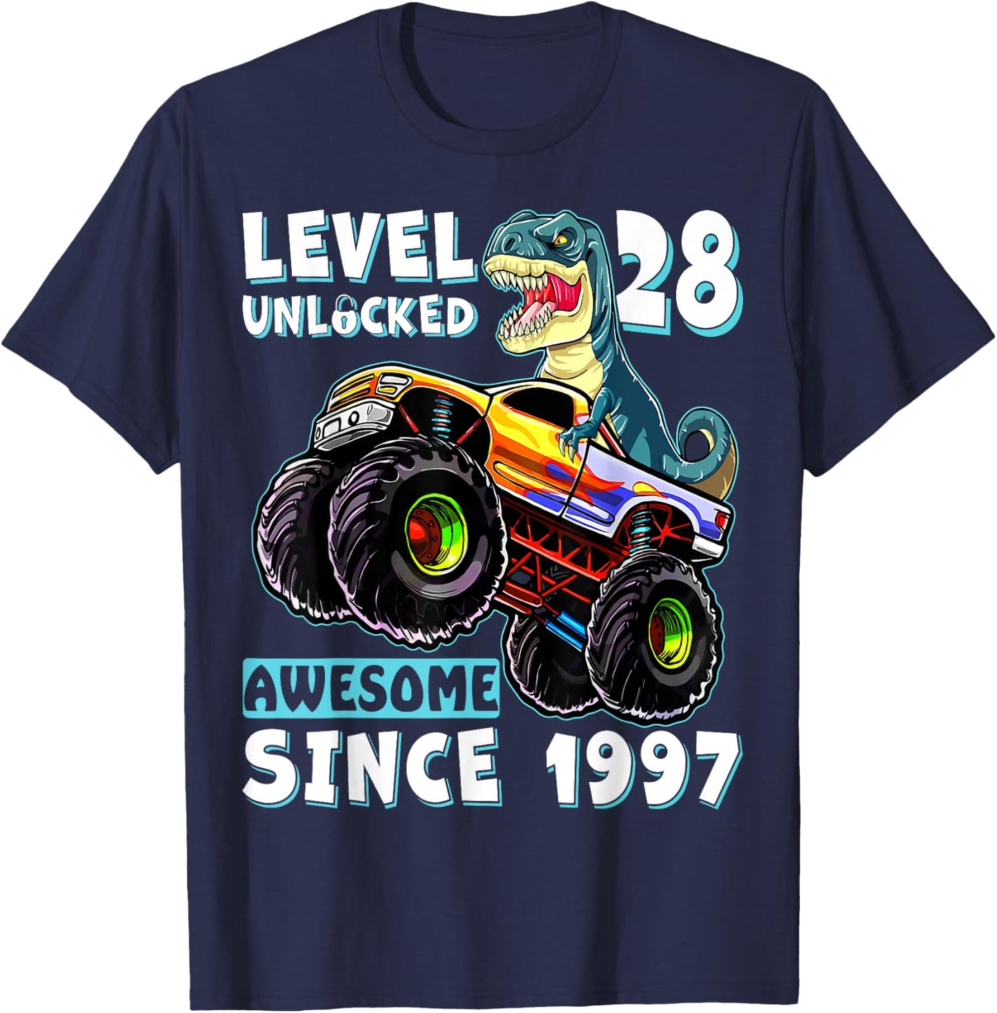 Level 28 Unlocked T Rex Monster Truck Dinosaur 28th Birthday T-Shirt - T-Shirt | Navy