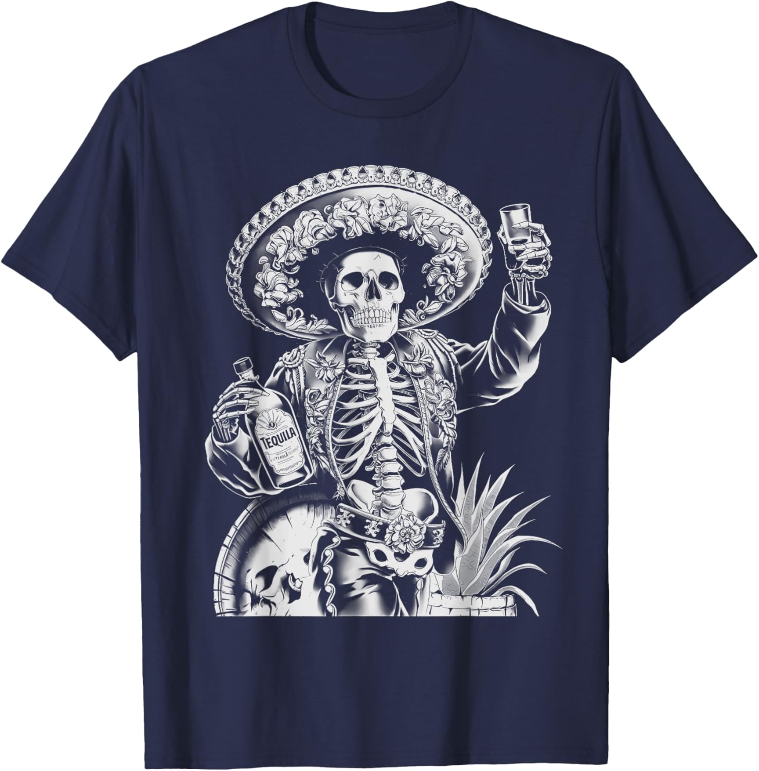 Mexico Vintage Skeleton Tequila Dia De Los Muertos Mexican T-Shirt - T-Shirt | Navy