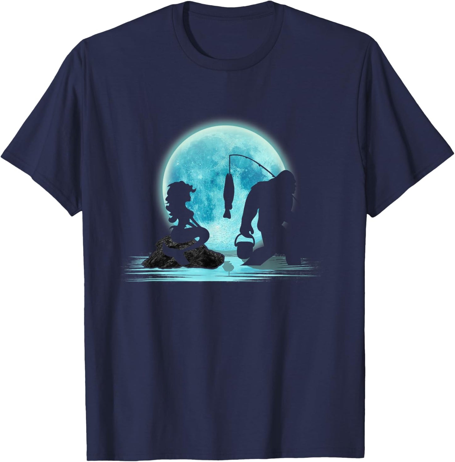 Bigfoot Fishing with Mermaid Funny Sasquatch Fish under Moon T-Shirt - T-Shirt | Navy