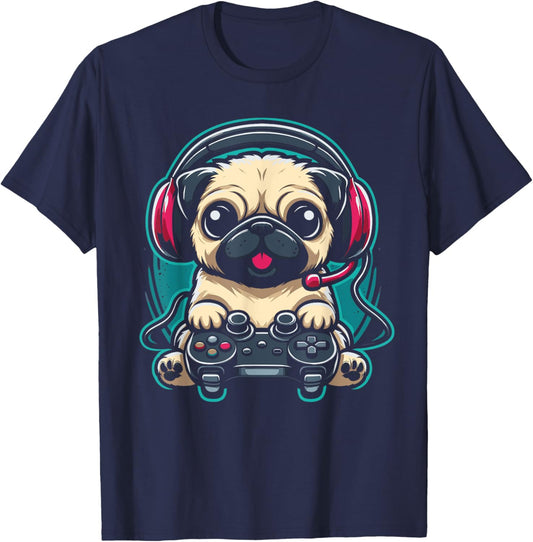Gamer Pug Playing Video Games Gaming T-Shirt - T-Shirt | Navy