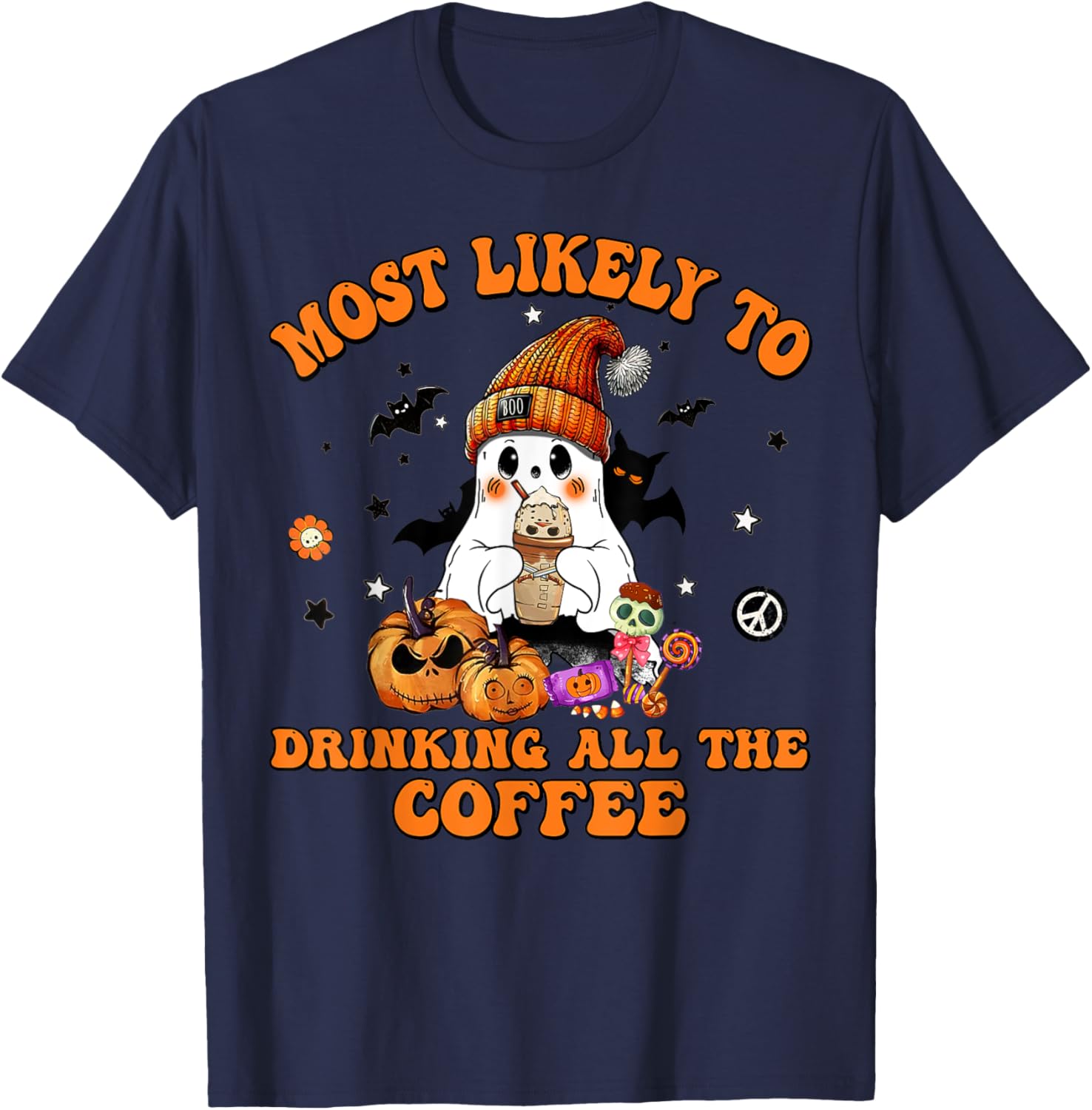 Most Likely To Halloween Drinking All The Coffee T-Shirt - T-Shirt | Navy