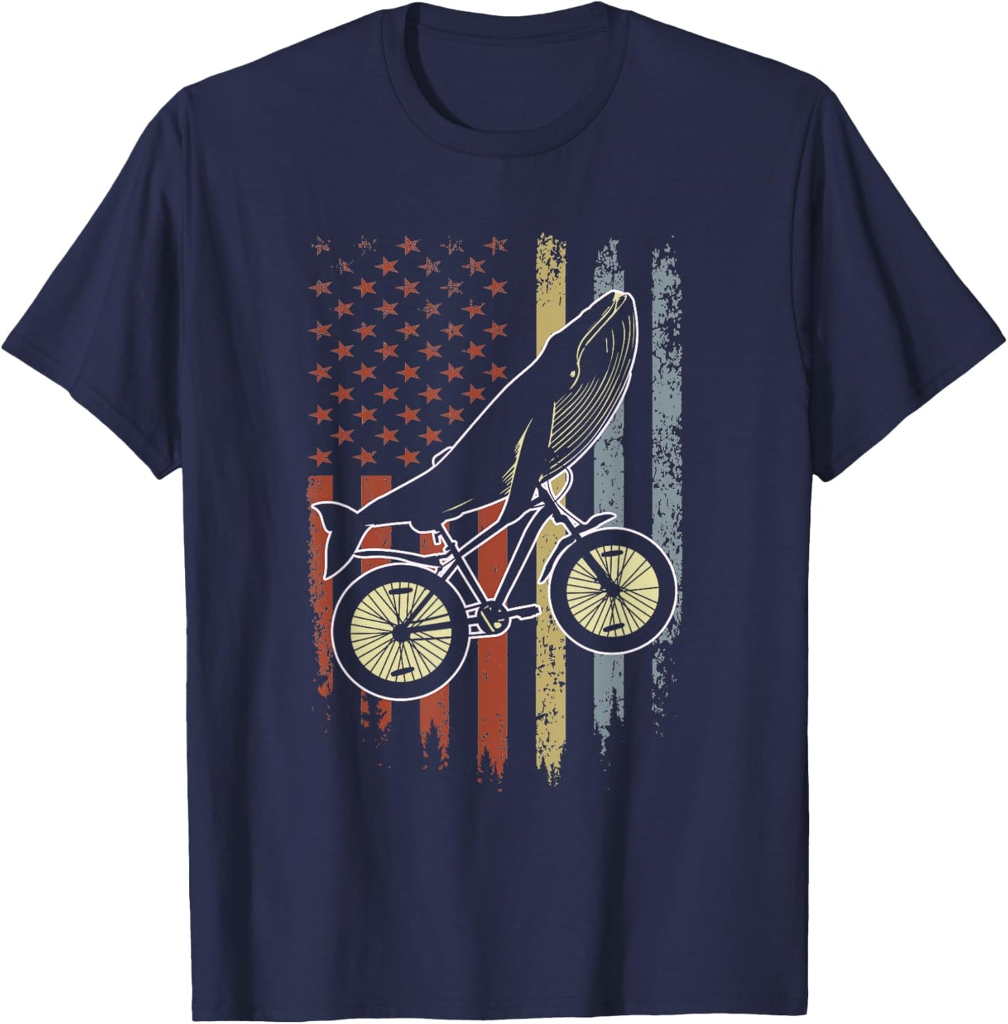 Whale Riding Bicycle Vintage USA FLag Mountain Biking Whale T-Shirt - T-Shirt | Navy