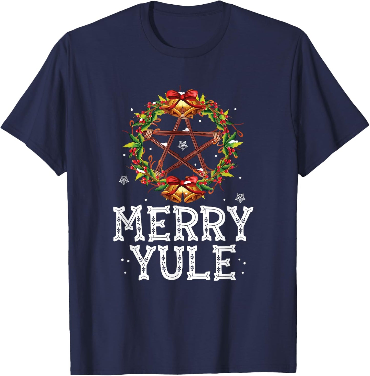 Merry Yule Winter Solstice Holly Pentagram Gift T-Shirt - T-Shirt | Navy
