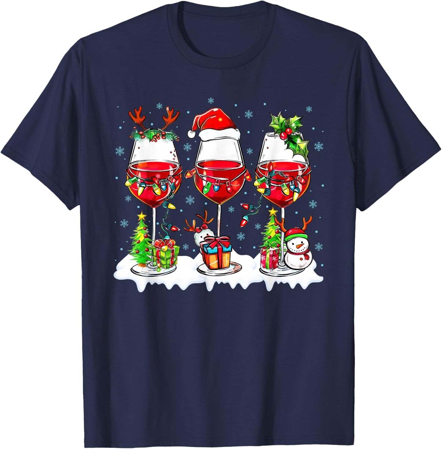 Wine Glass Santa Hat Xmas Funny Christmas 2025 Men Women T-Shirt - T-Shirt | Navy