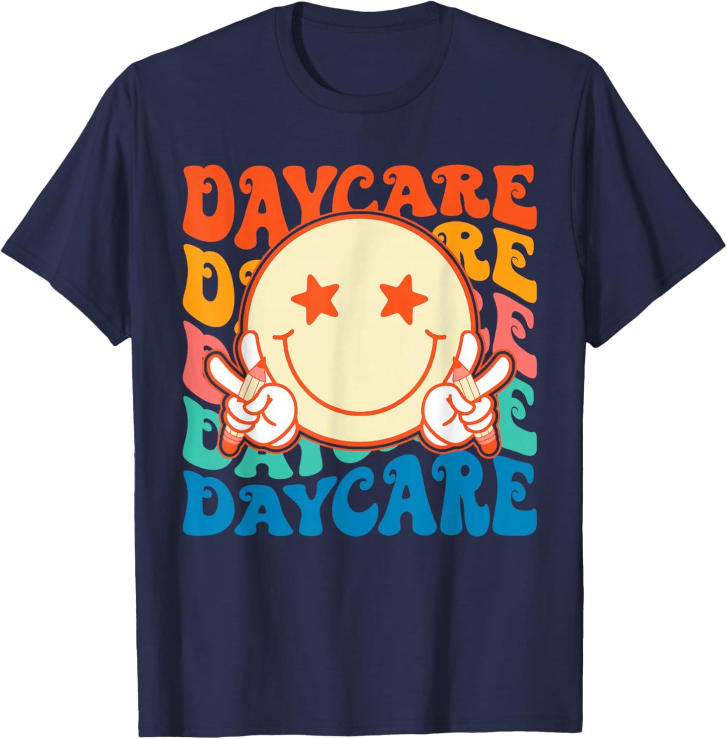 Smile face Daycare Groovy Teachers Kids First Day Of School T-Shirt - T-Shirt | Navy