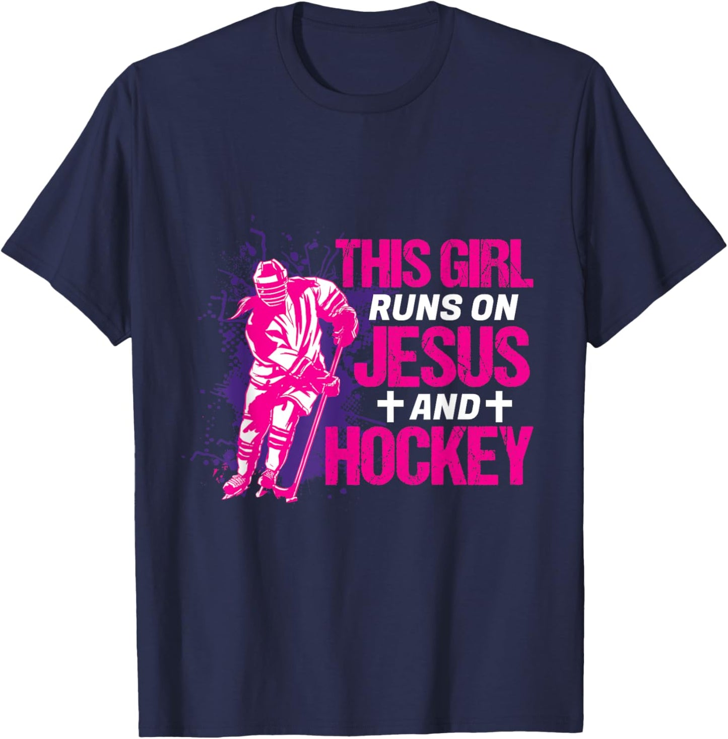 This Girl Runs On Jesus And Hockey I Hockey Player T-Shirt - T-Shirt | Navy